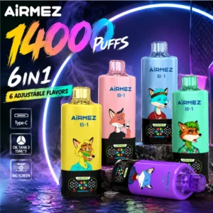 AiRMEZ 6 en 1 cigarette électronique jetable 14000 bouffées avec grand écran, chargeur Type-C et saveurs réglables