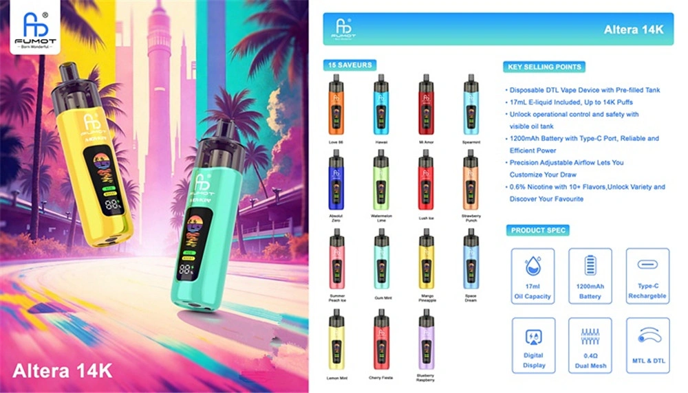 Liste complète des saveurs et collection de menu pour la vape Fumot Altera 14000 bouffées.