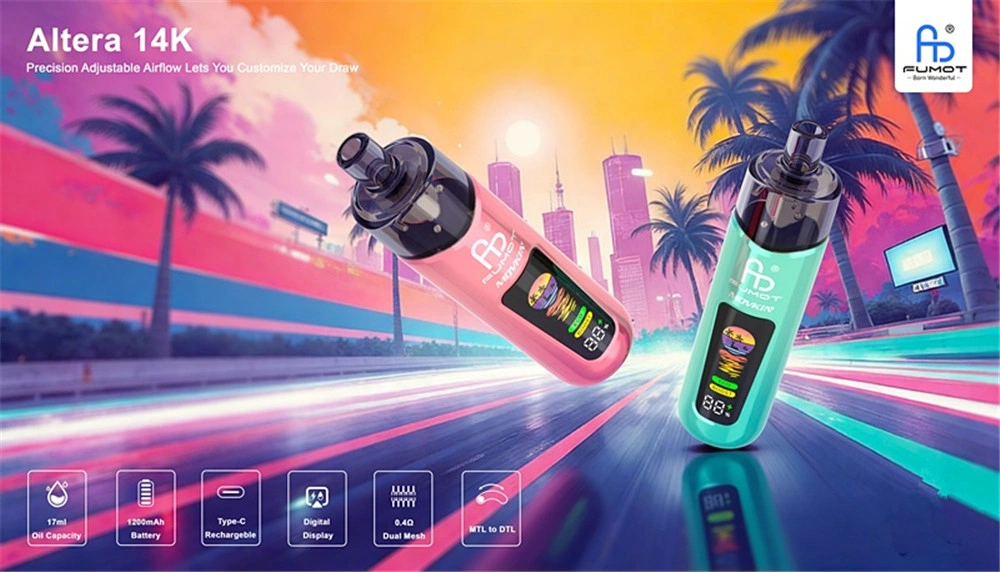Tableau des spécifications pour Fumot Altera 14K montrant une batterie de 1200mAh, Type-C, et modes doubles ECO Boost.
