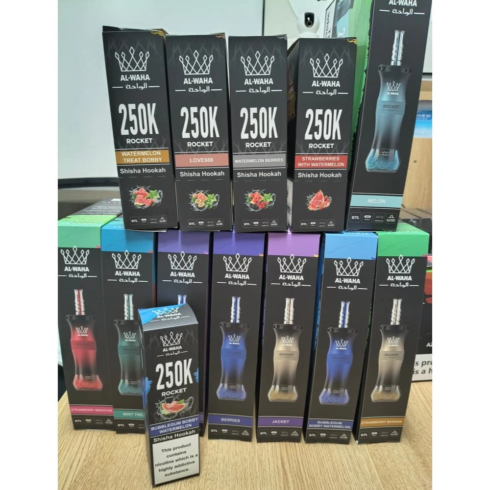 250k-rocket-al-waha-premium-shisha-europe-stock AL-WAHA Premium 250K Rocket shisha with 1000mAh battery, LED display, and dependable supplier support for vape businesses.