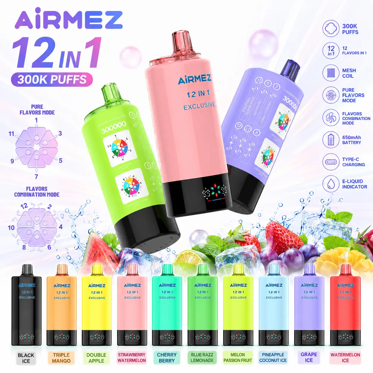 cigarette-électronique-jetable-airmez-12-en-1-300k-puffs AIRMEZ 12 en 1 cigarette électronique jetable avec technologie de coil en mesh et plusieurs combinaisons de saveurs