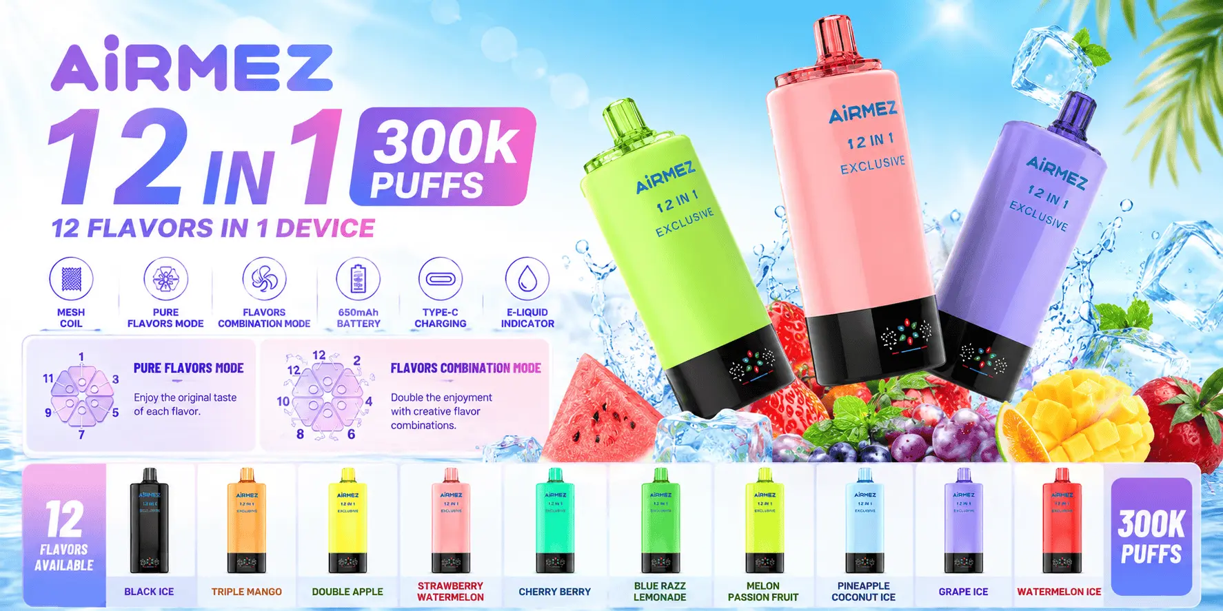 Appareil de vapotage multi-saveurs AIRMEZ 12 en 1 avec mode saveurs pures, mode de combinaison de saveurs et performance de coil en mesh