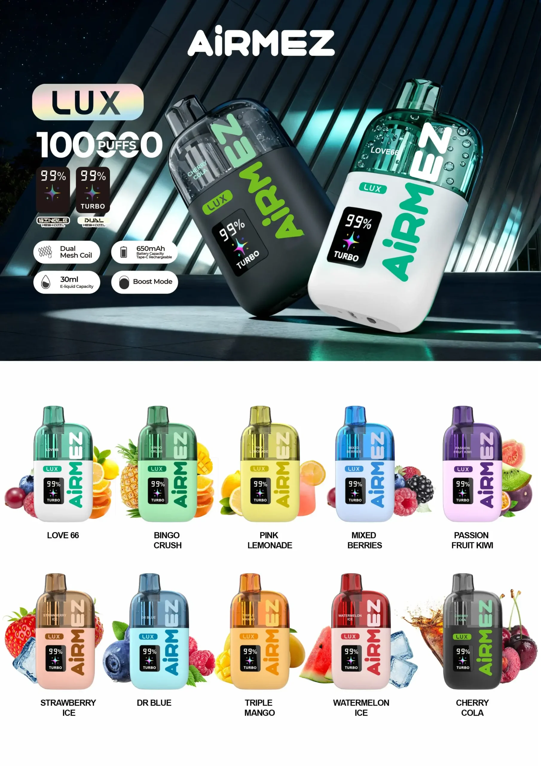 Vapoteuse jetable Airmez Lux 100K Puffs pour distributeurs