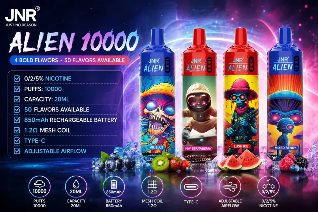 Vape descartável recarregável Alien 10000 com bateria de 850mAh e carregamento Tipo-C para encomendas em grande quantidade