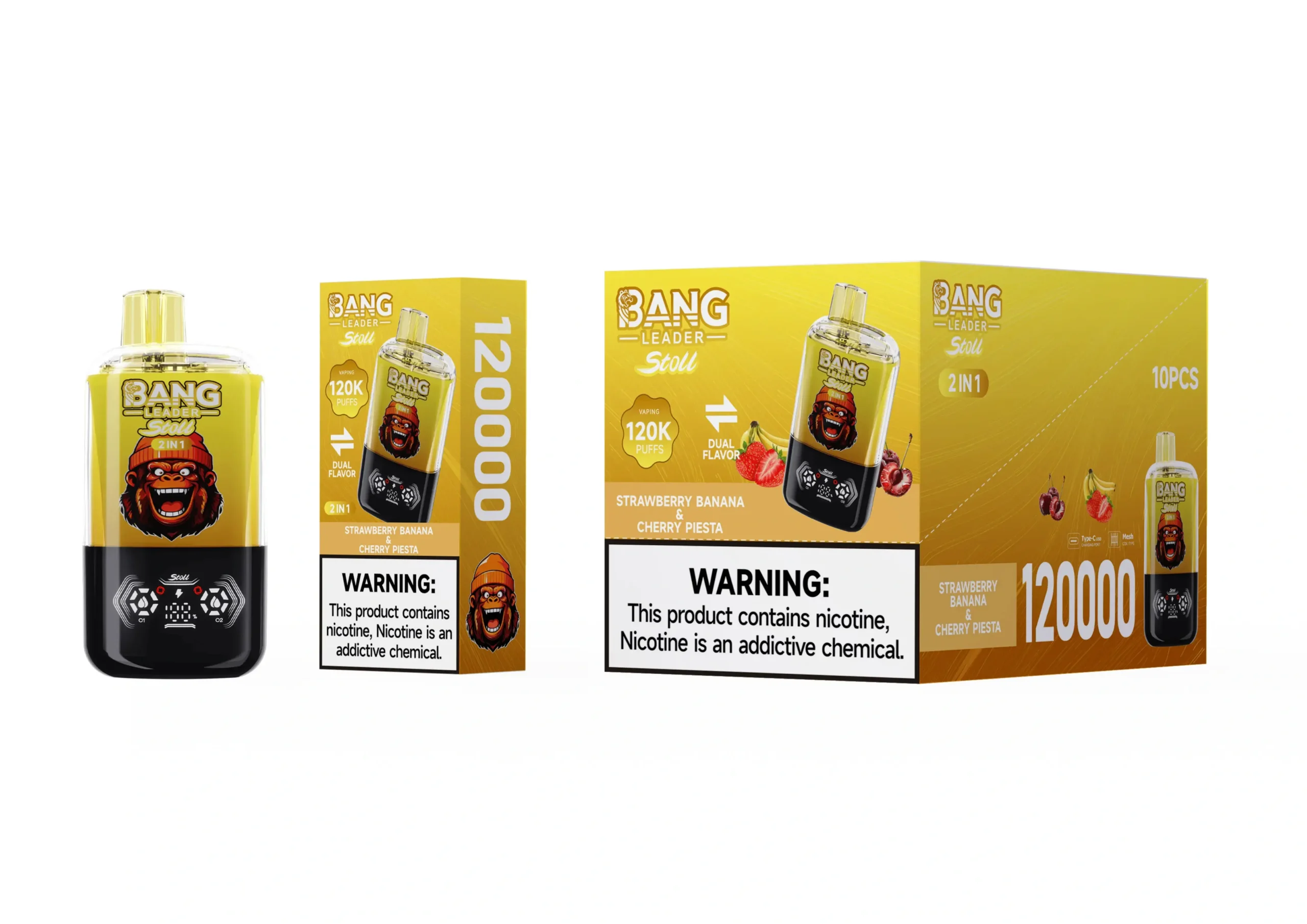bang-leader-uzlādējama-vape-vairumtirdzniecība Bang Leader Stoll 120000 pufa Zemeņu Banānu Čeriju Piesta vienreizējās lietošanas vape Piegādātājs
