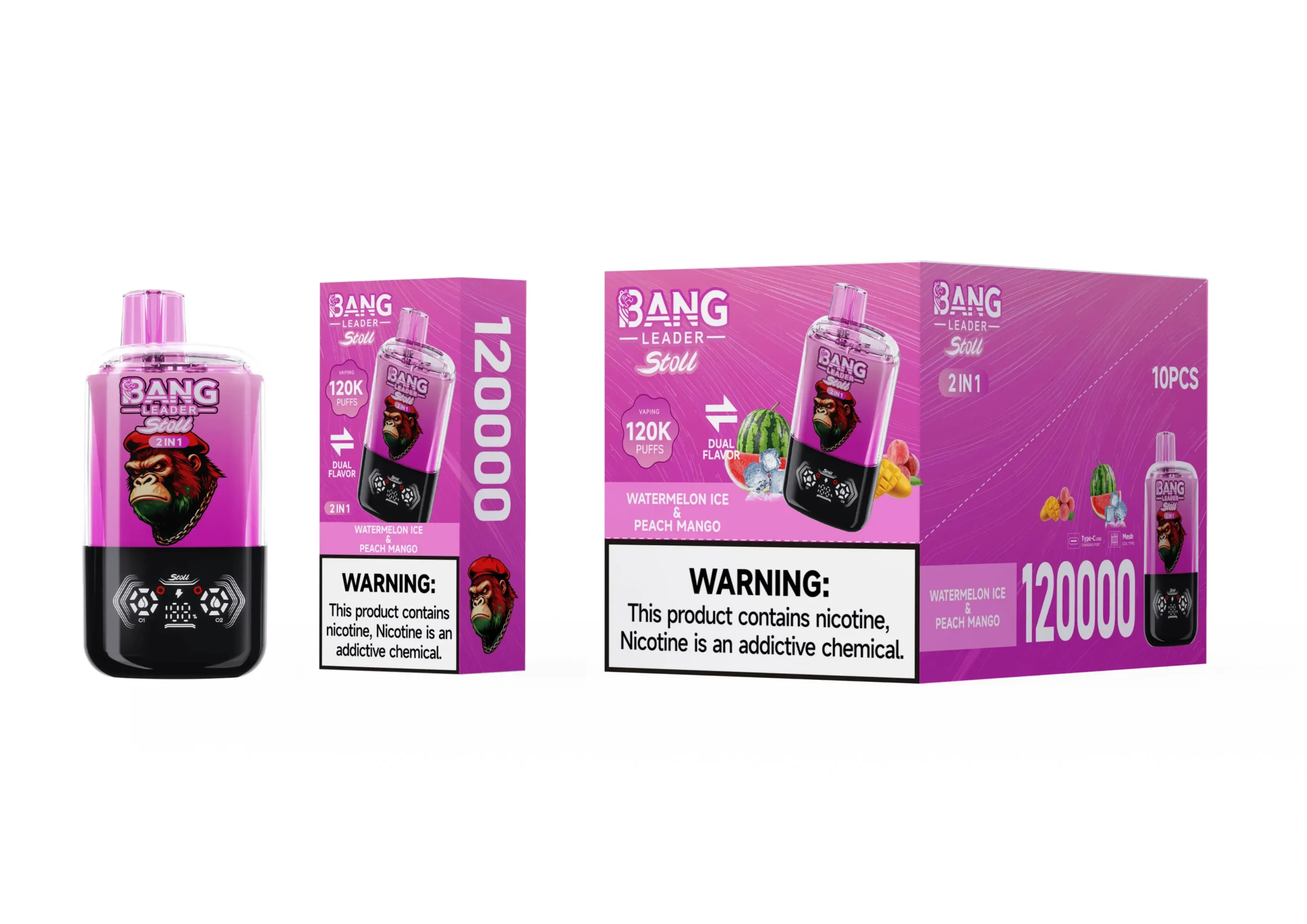 Bang Leader 120K Vienreizējās lietošanas Vape Arbūza ledus Persiku Mango Dubultā Garša Vairumtirdzniecība