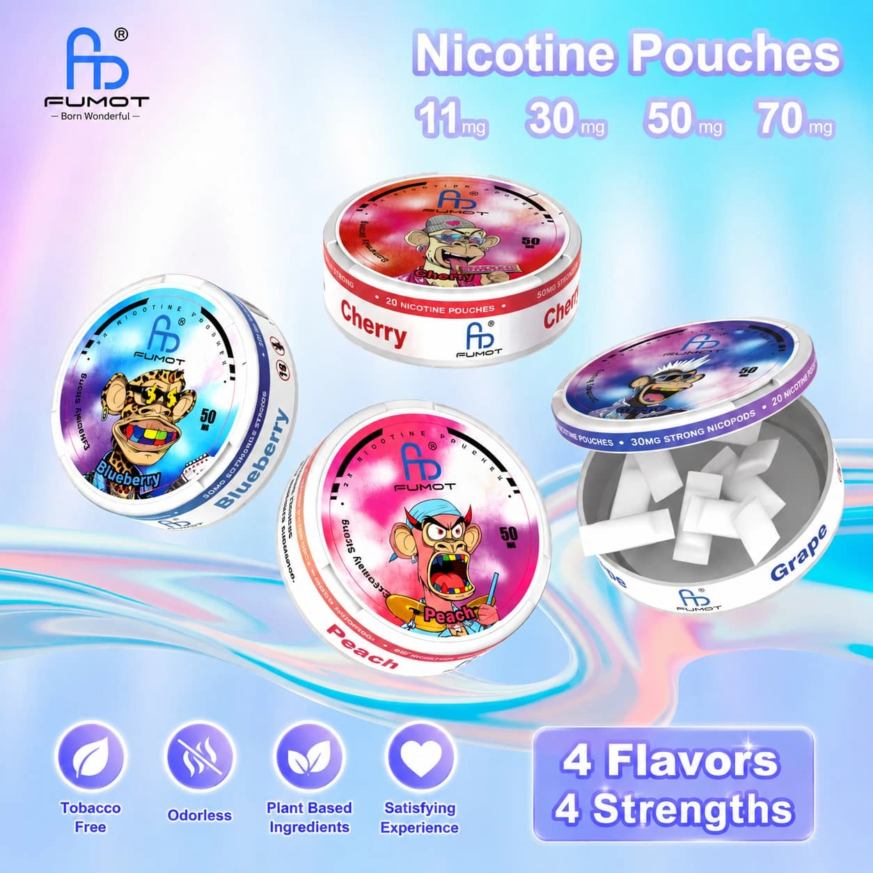 fumot-nicotine-pouches Pochons de nicotine FUMOT disponibles en plusieurs parfums et concentrations, y compris 11mg, 30mg, 50mg et 70mg