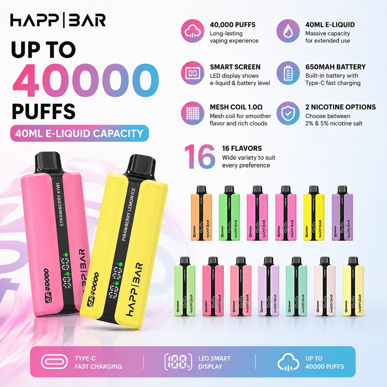 happ-bar-40000-puffs-eu-sklad-pro-distributory HAPP BAR CK40000 chytrý displej jednorázové vaporizéry s LED indikátory baterie a e-liquidu s tovární zásobou.