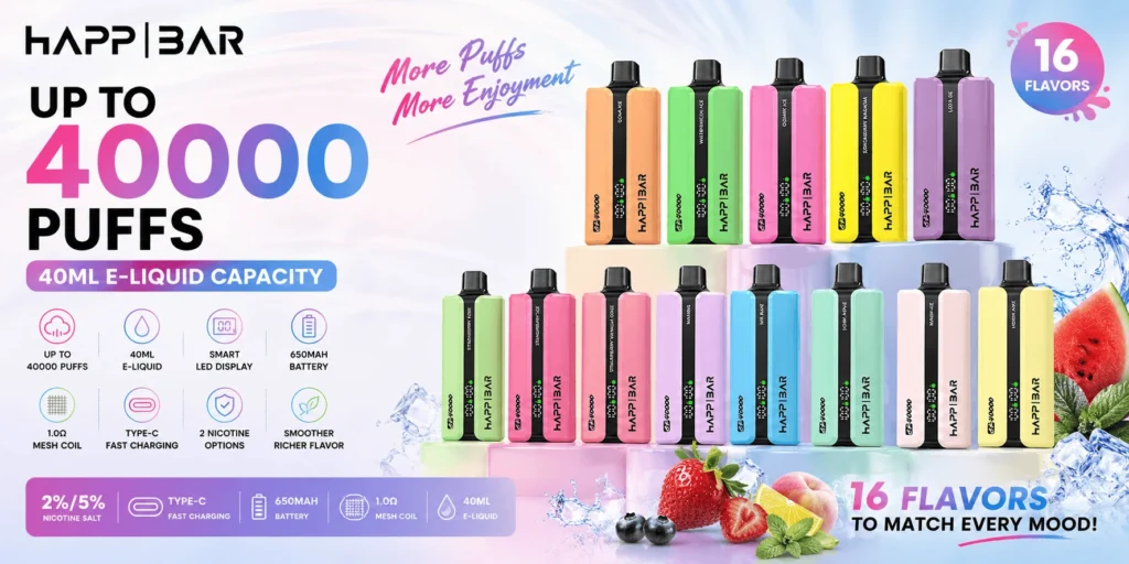 HAPP BAR CK40000 jednorázový vaporizér s až 40000 potahy, dostupný z EU skladu pro distributory vaporizérů po celé Evropě.