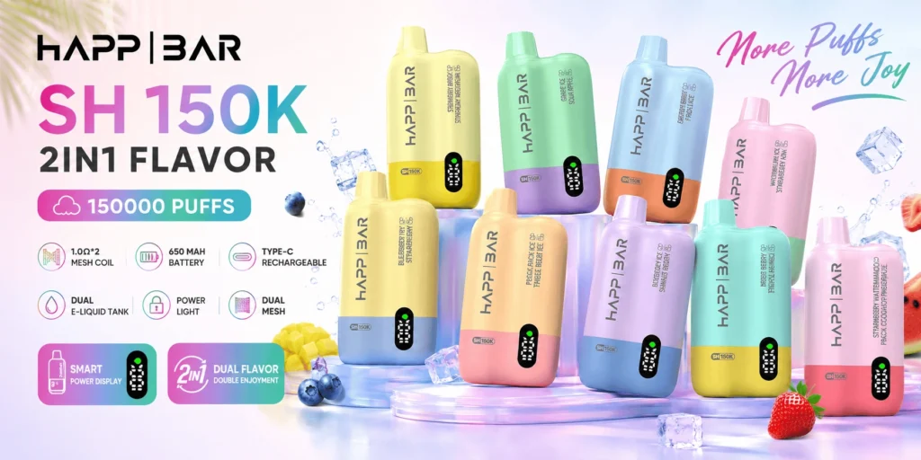 HAPP BAR SH150K eldobható vape 150000 szívással, kettős íz kialakítással és EU raktárkészlettel vape forgalmazók számára.