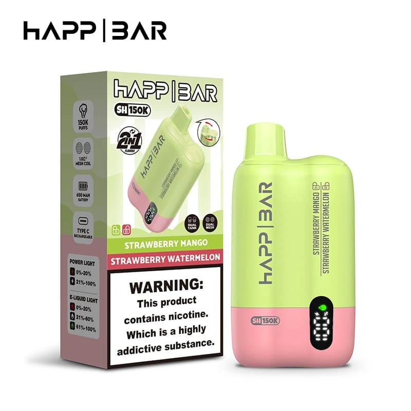 happ-bar-sh150k-vape-gyártó európai vásárlóknak HAPP BAR SH150K nagy felhővel rendelkező eldobható vape európai B2B beszállítóknak, újratölthető Type-C akkumulátorral.