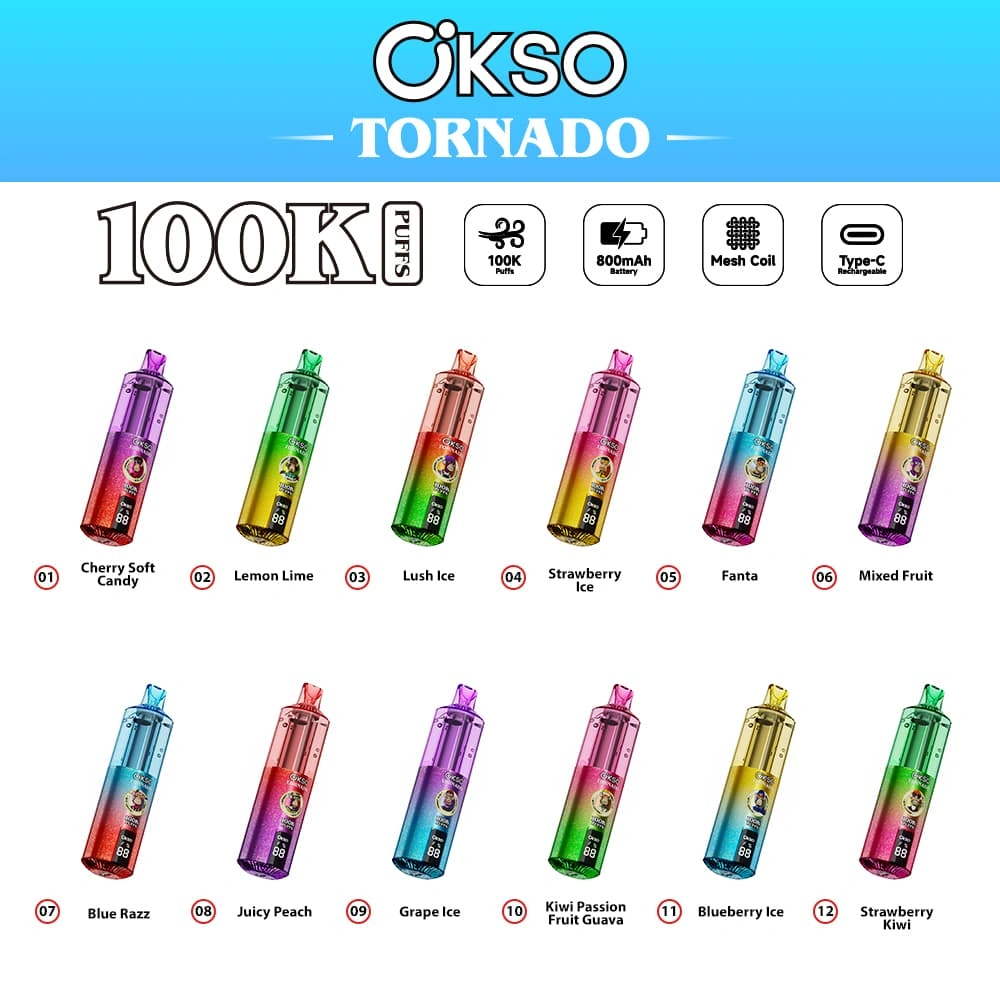 okso-100k-disposable-vape-export-supplier OKSO Tornado 100K egyszer használatos vape gyártva export szállításra, prémium ízválasztékokkal.