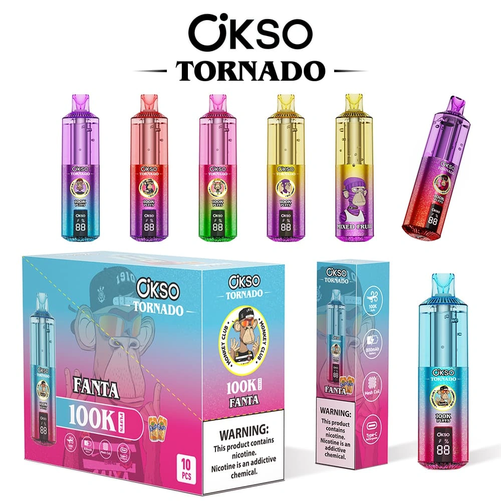 okso-100k-high-puff-disposable-vape-distributor OKSO Tornado 100K egyszer használatos vape európai raktárkészlettel, több ízben és újratölthető Type-C töltéssel.