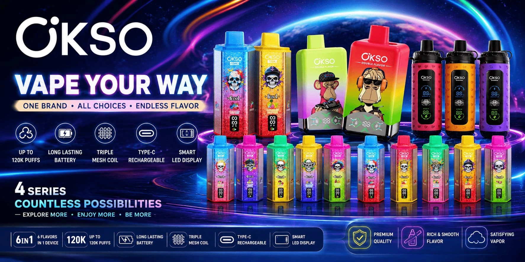 Familia de produse en-gros OKSO Disposable Vape, inclusiv Vape 6-in-1 cu 120K, Vape cu Dublu Arome, Cutie Digitală Vape și Shisha Vape pentru Distribuitori și Cumpărători en-gros