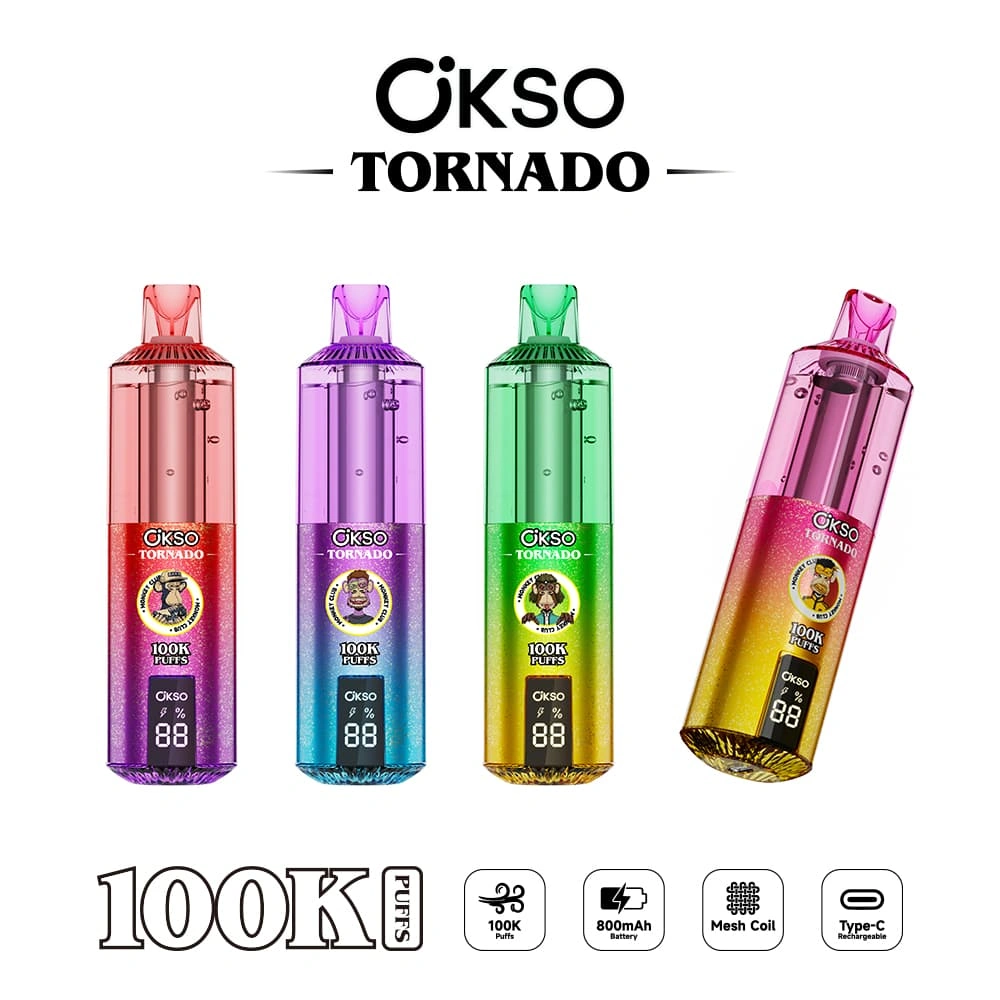 okso-tornado-100k-europe-stock-vape OKSO Tornado 100K eldobható vape hálós tekercsel, 800mAh akkumulátorral és Type-C töltéssel.