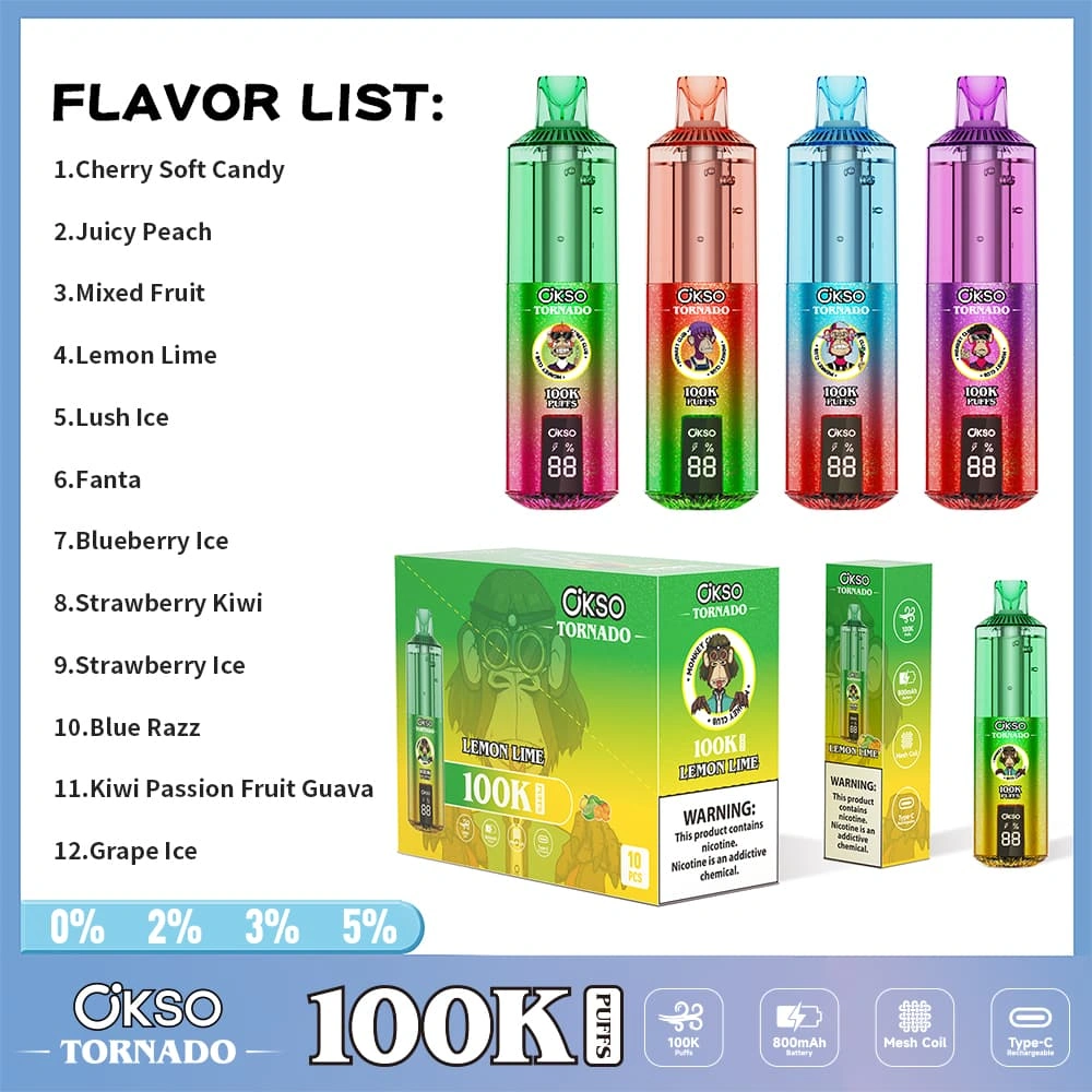 okso-tornado-100k-premium-disposable-vape-supplier Prémium OKSO Tornado 100K eldobható vape színes kialakítással, hálós tekercsel és európai raktár elérhetőséggel.