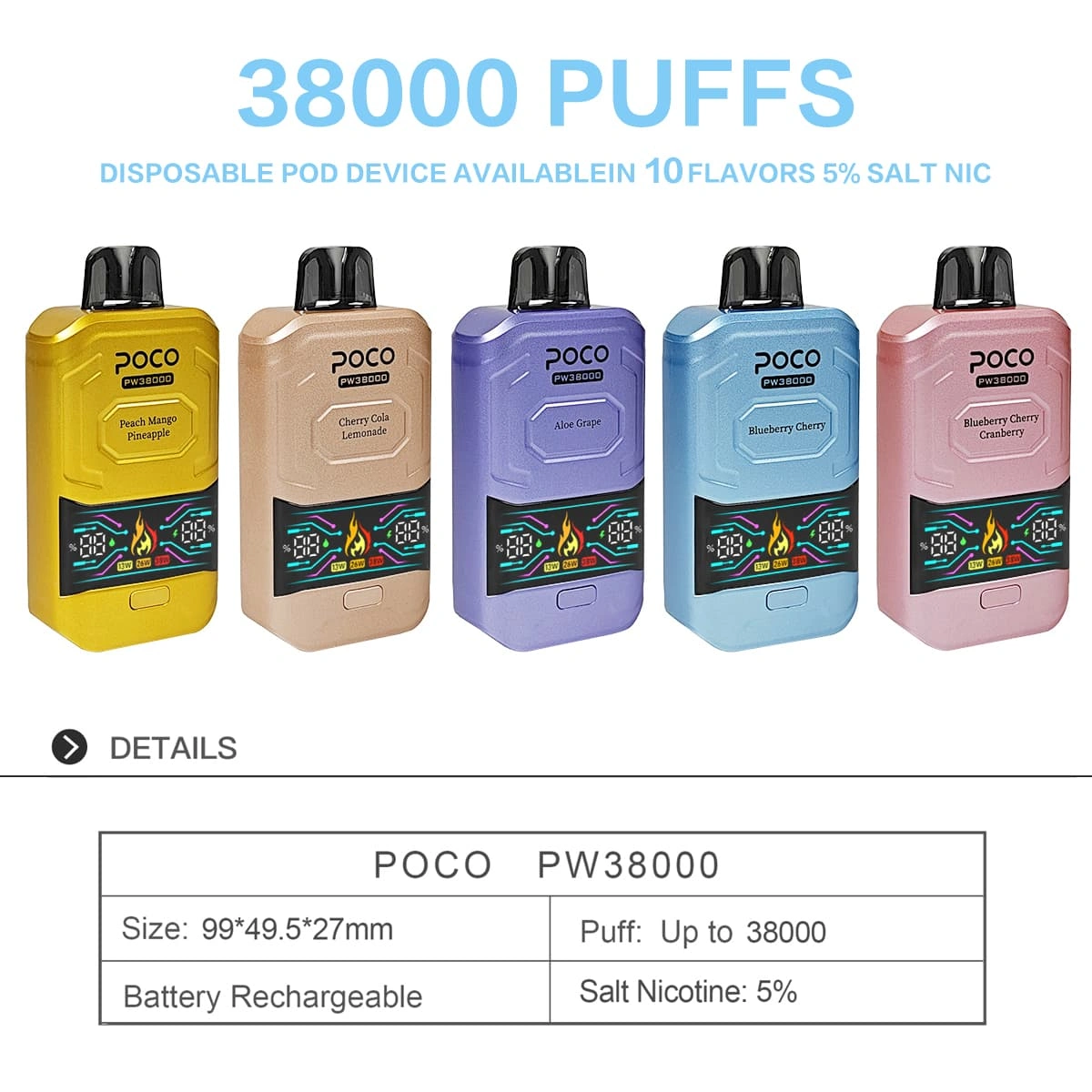 POCO PW38000パフ使い捨てベイプ、多彩なフレーバー、調整可能なエアフロー、メッシュコイル、LEDディスプレイ付き
