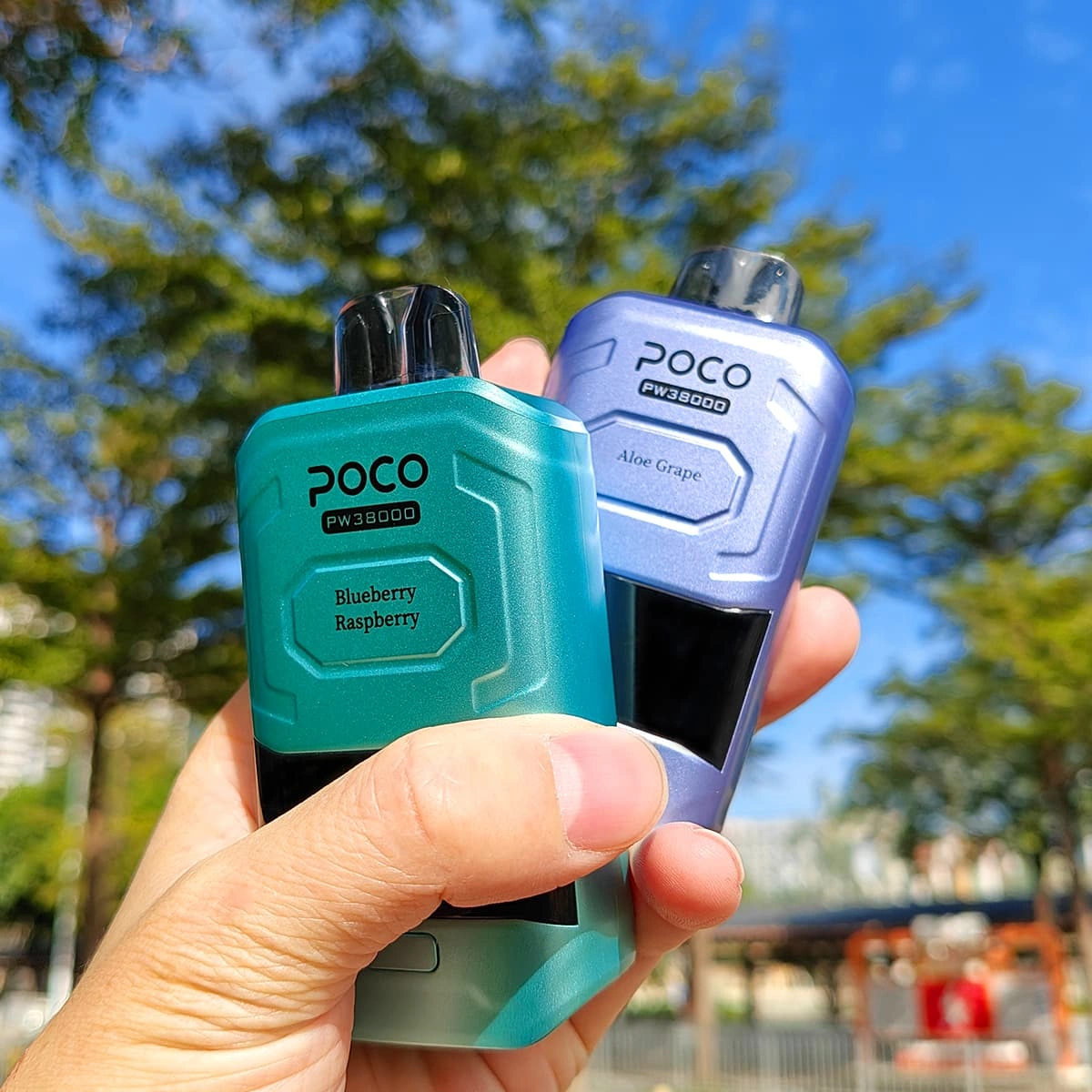 poco-pw38000ブルーベリーラズベリーアロエグレープタバコ POCO PW38000充電式使い捨てベイプ、LEDスクリーンと調整可能なエアフロー付き