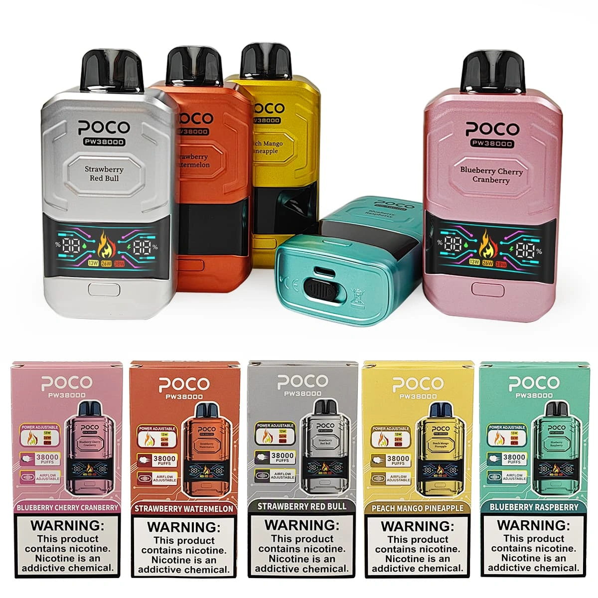 poco-pw38000使い捨てベイプのパッケージとデバイス POCO PW38000使い捨てベイプデバイスと小売パッケージ展示