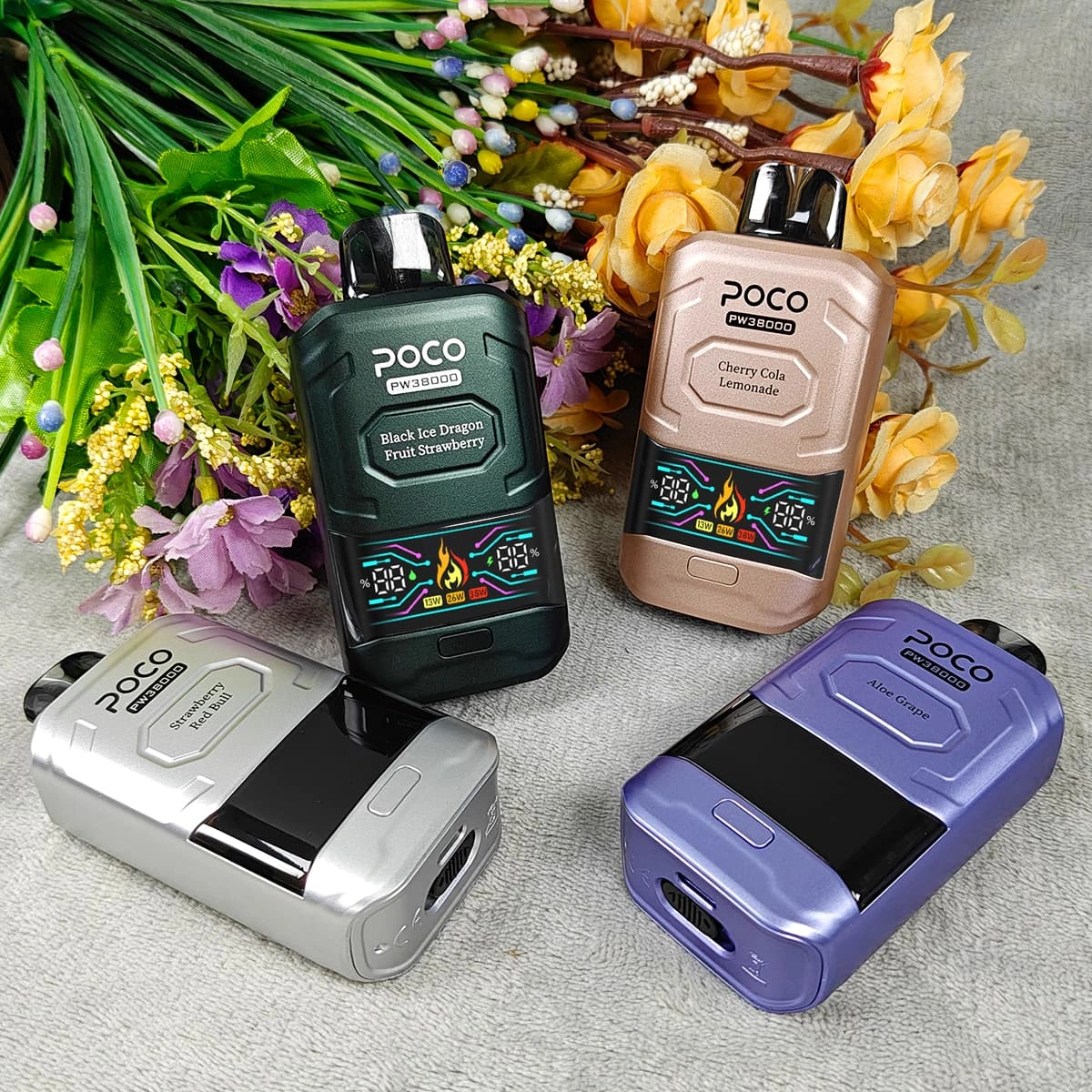 poco-pw38000フレーバー選択卸売りベイプ POCO PW38000アップルピーチペア使い捨てベイプ、調整可能なワット数とLEDディスプレイ付き