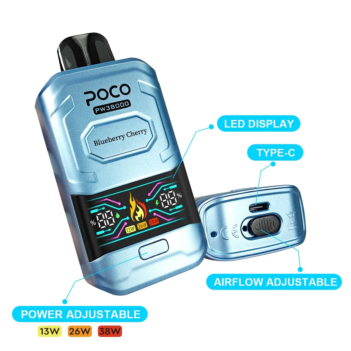 poco-pw38000LEDディスプレイ調整可能エアフロー電子タバコ POCO PW38000使い捨てベイプ、最大38000パフ、充電式バッテリー搭載