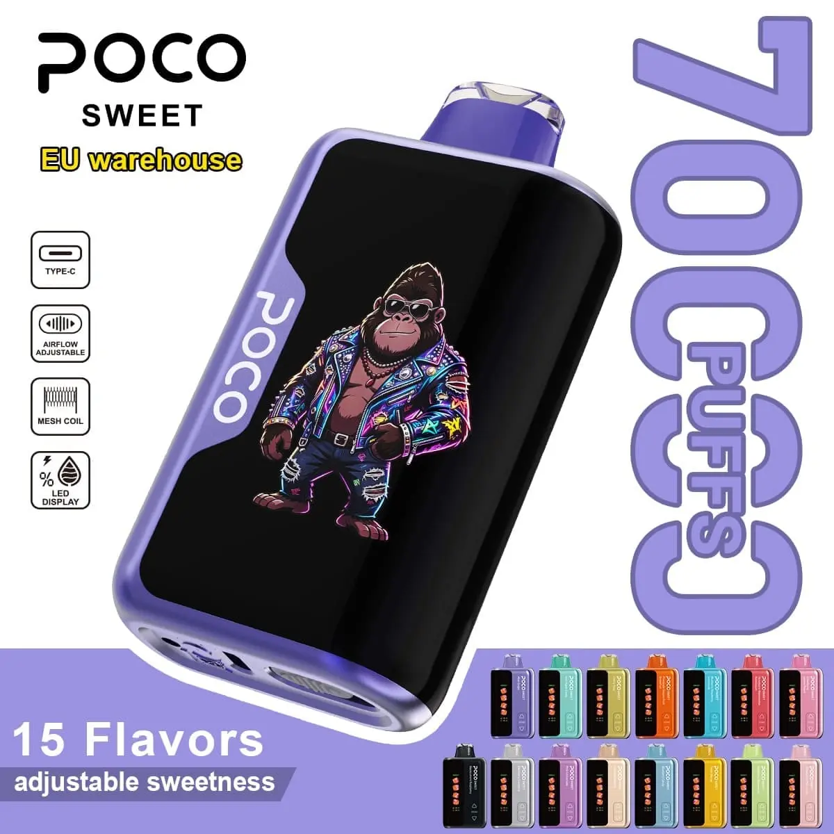 poco-słodki-regulowany-słodycz-vape POCO Słodki typ-c urządzenie vape z wymienną baterią i wyświetlaczem LED