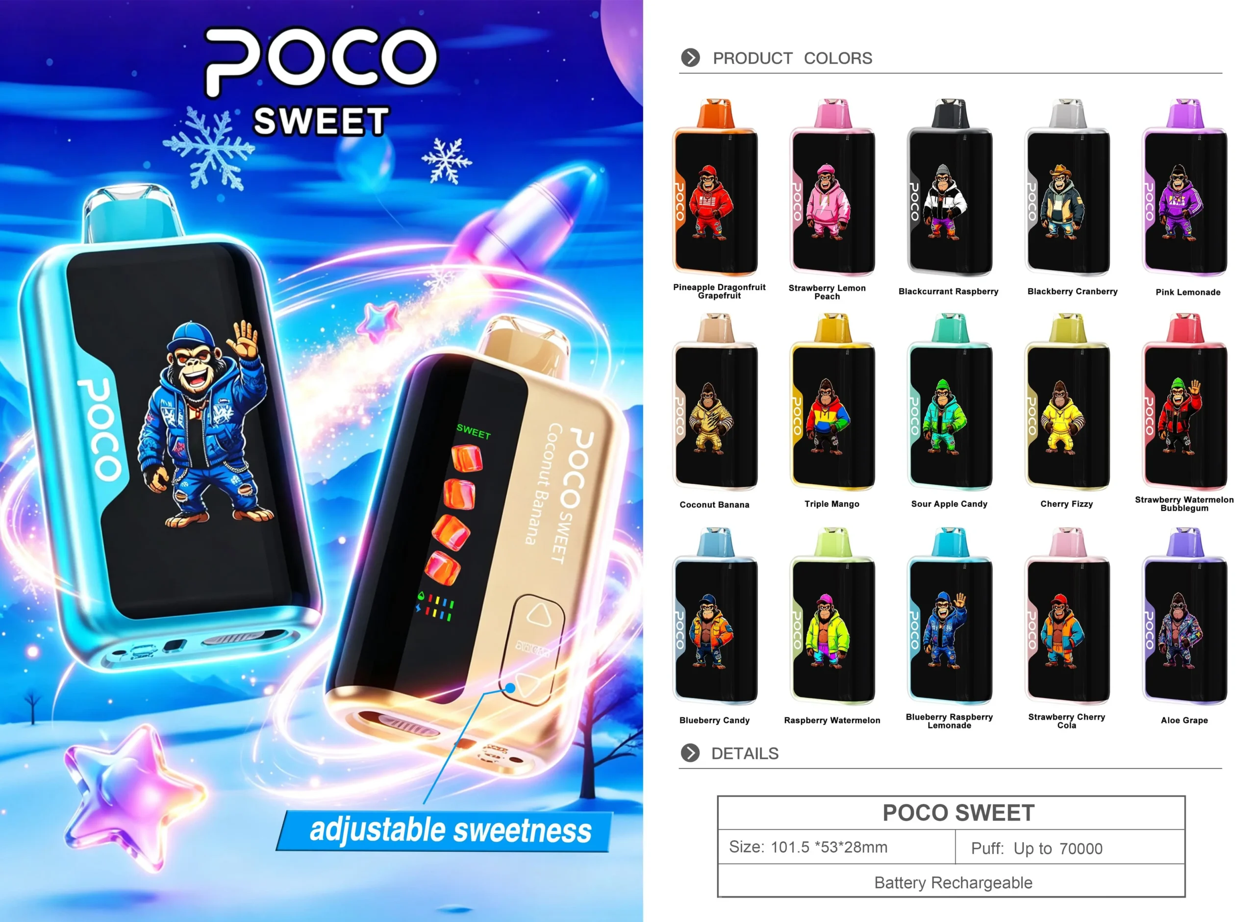 poco-słodki-wielkogabarytowy-zapas-vape POCO Słodki jednorazowy vape z wyświetlaczem LED i regulacją słodyczy