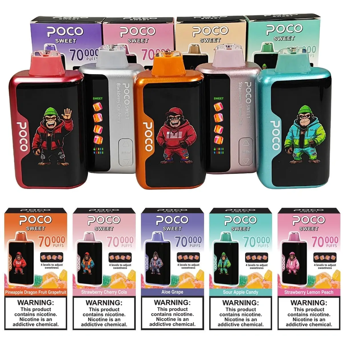 poco-słodki-długotrwały-vape POCO 70000 puffs kolekcja jednorazowych e-papierosów o smaku owocowym