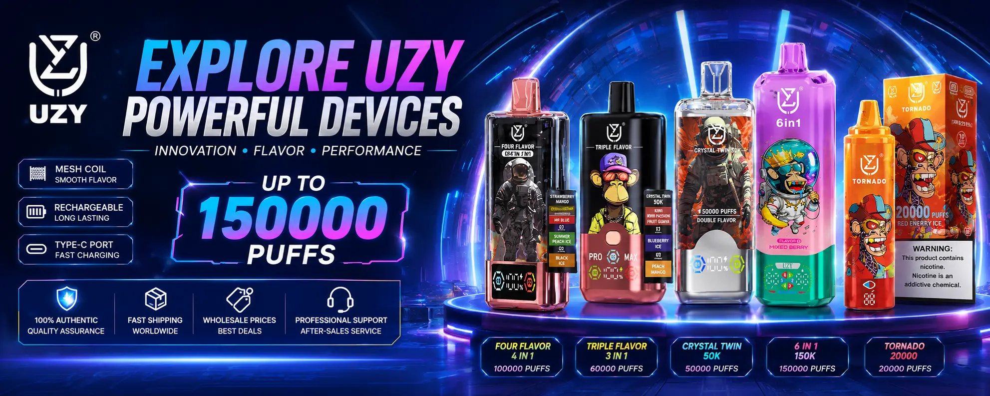 Velkoobchodní distributor disposable vape UZY nabízí Four Flavor 4 v 1, Triple Flavor 3 v 1, Crystal Twin 50K, 6 v 1 150K a Tornado 20K