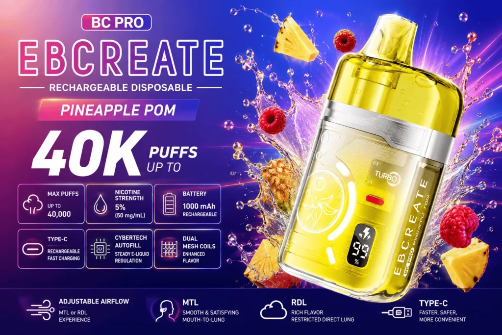 EBCreate BC Pro long lasting 40K disposable vape with rechargeable battery and smooth airflow