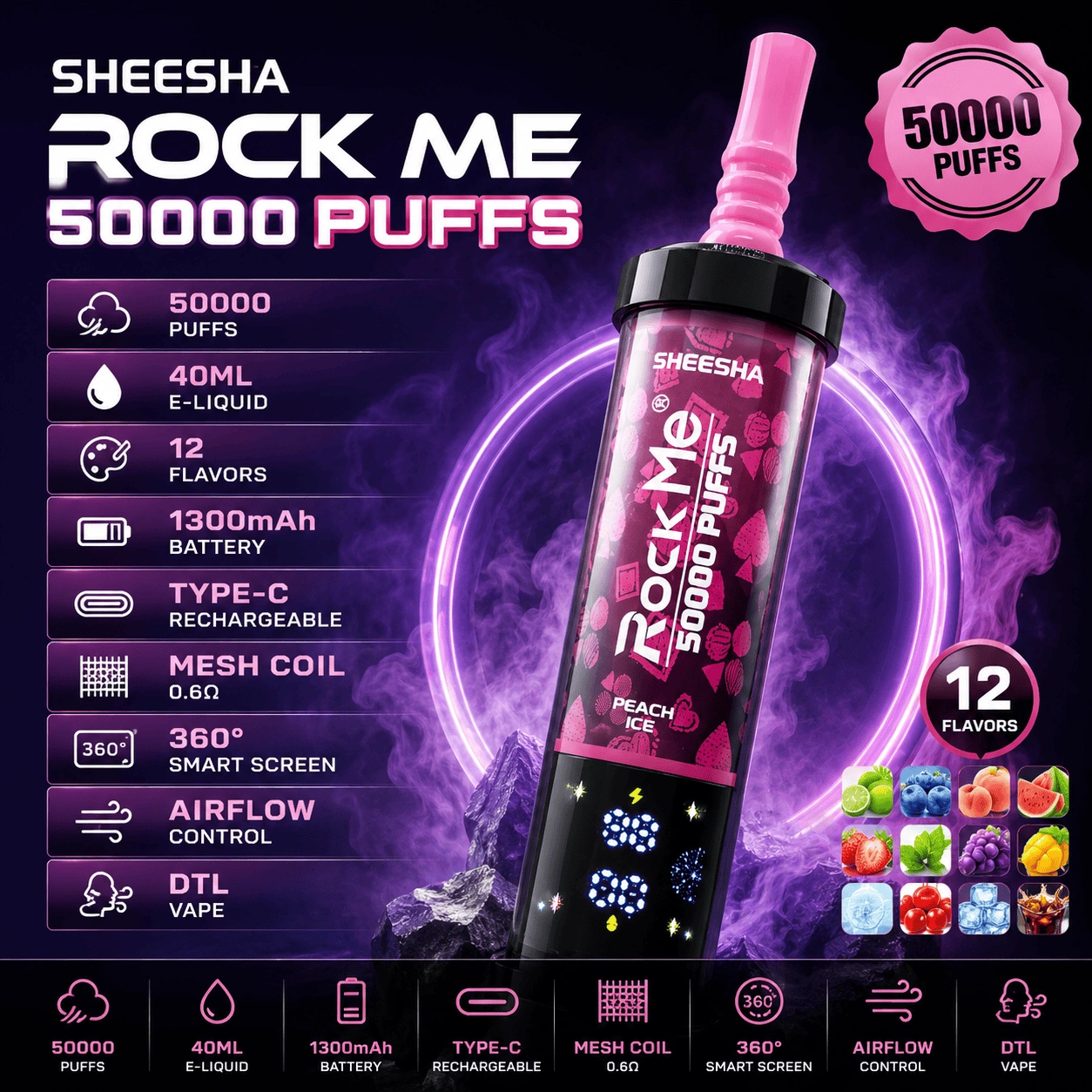 Vape descartável Sheesha Rockme 50000 Puffs Vape Descartável Rockme Sheesha 50000 Puffs Tipo-C