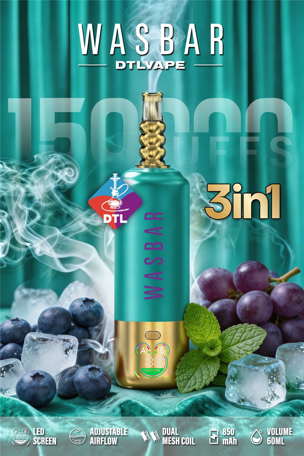 WASBAR 150K Disposable Vape with Display WASBAR 150K Puffs rechargeable vape with large battery capacity