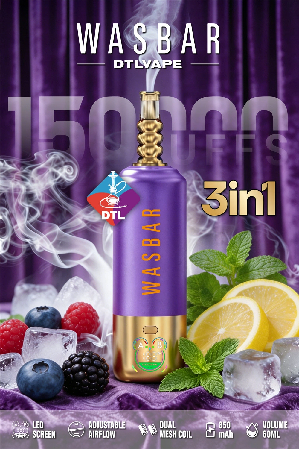 WASBAR Type-C Rechargeable 150K Vape WASBAR premium 150K Puffs disposable vape with stylish appearance