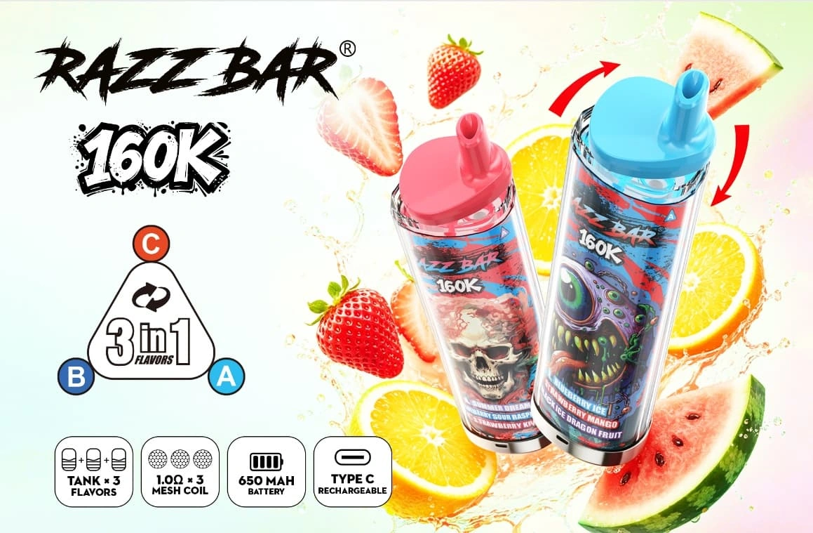 Razz Bar 160K 3-i-1 engangs vape med tredobbelt smagsoplevelse